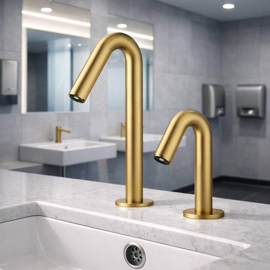 Commercial touchless faucet side profile showing projection and mounting plane